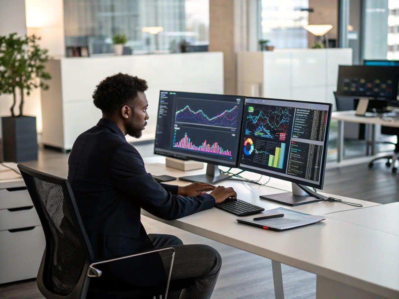 A data analyst is using statistical software to analyze market data and identify key trends and patterns.